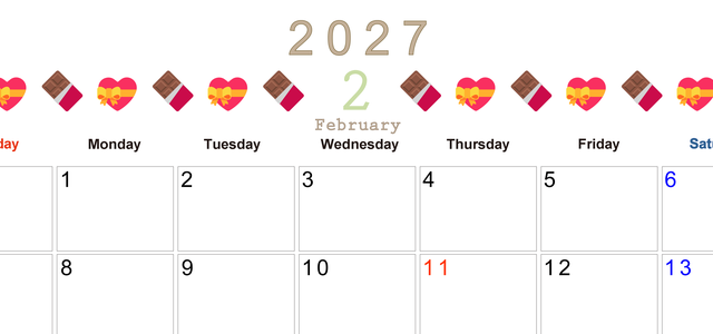 2027年2月カレンダー(印刷用)は横型日曜始まりで季節感あふれる行事のカラフルなイラストがおしゃれ：無料 【No.202701370200】