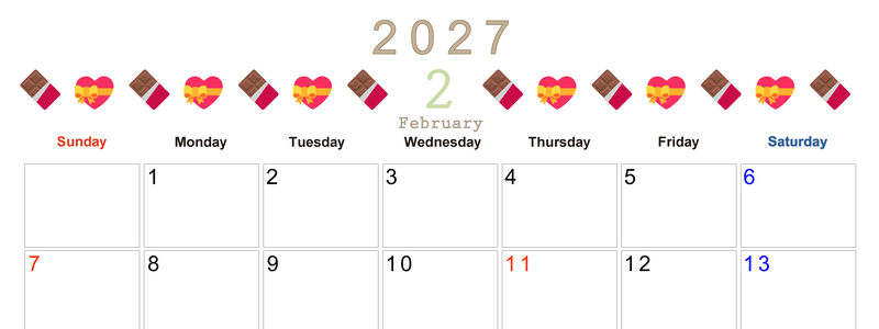 2027年2月カレンダー(印刷用)は横型日曜始まりで季節感あふれる行事のカラフルなイラストがおしゃれ：無料 【No.202701370200】