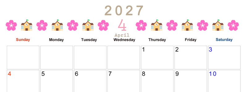 2027年4月カレンダー(印刷用)は横型日曜始まりで季節感あふれる行事のカラフルなイラストがおしゃれ：無料 【No.202701370400】
