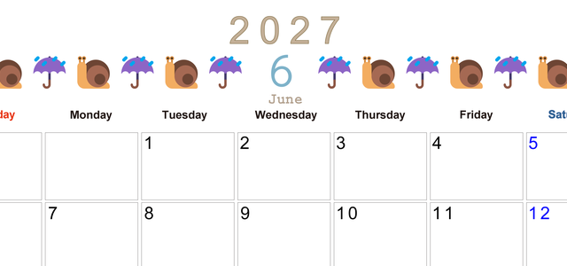 2027年6月カレンダー(印刷用)は横型日曜始まりで季節感あふれる行事のカラフルなイラストがおしゃれ：無料 【No.202701370600】