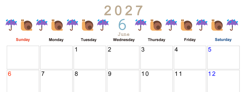 2027年6月カレンダー(印刷用)は横型日曜始まりで季節感あふれる行事のカラフルなイラストがおしゃれ：無料 【No.202701370600】