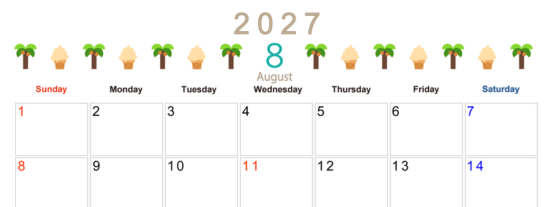 2027年8月カレンダー(印刷用)は横型日曜始まりで季節感あふれる行事のカラフルなイラストがおしゃれ：無料 【No.202701370800】