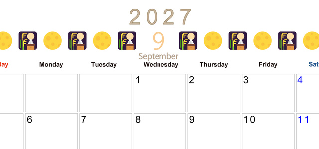 2027年9月カレンダー(印刷用)は横型日曜始まりで季節感あふれる行事のカラフルなイラストがおしゃれ：無料 【No.202701370900】
