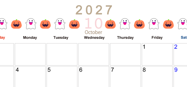 2027年10月カレンダー(印刷用)は横型日曜始まりで季節感あふれる行事のカラフルなイラストがおしゃれ：無料 【No.202701371000】