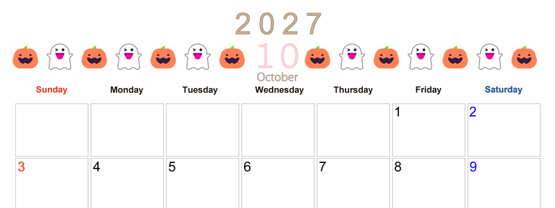 2027年10月カレンダー(印刷用)は横型日曜始まりで季節感あふれる行事のカラフルなイラストがおしゃれ：無料 【No.202701371000】