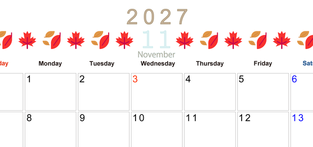 2027年11月カレンダー(印刷用)は横型日曜始まりで季節感あふれる行事のカラフルなイラストがおしゃれ：無料 【No.202701371100】