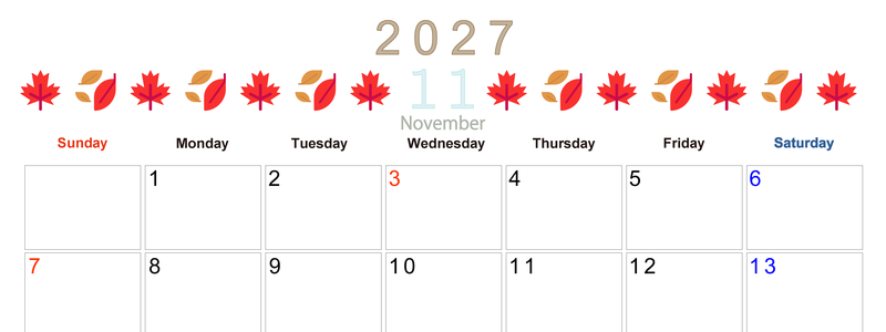 2027年11月カレンダー(印刷用)は横型日曜始まりで季節感あふれる行事のカラフルなイラストがおしゃれ：無料 【No.202701371100】