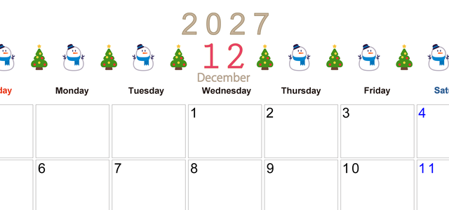 2027年12月カレンダー(印刷用)は横型日曜始まりで季節感あふれる行事のカラフルなイラストがおしゃれ：無料 【No.202701371200】