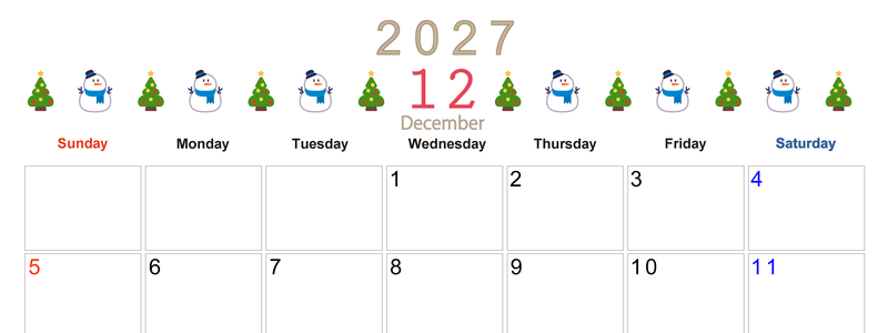 2027年12月カレンダー(印刷用)は横型日曜始まりで季節感あふれる行事のカラフルなイラストがおしゃれ：無料 【No.202701371200】