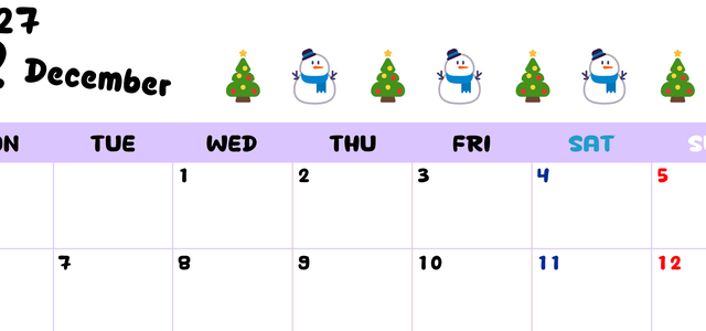 12月カレンダー2027年(無料)は横型月曜始まりで季節の行事の絵文字イラストがかわいい♪スケジュール管理しやすい♪ 【No.202701381201】