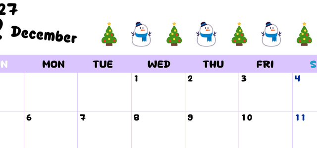 12月カレンダー2027年(無料)は横型日曜始まりで季節の行事の絵文字イラストがかわいい♪スケジュール管理しやすい♪ 【No.202701381200】
