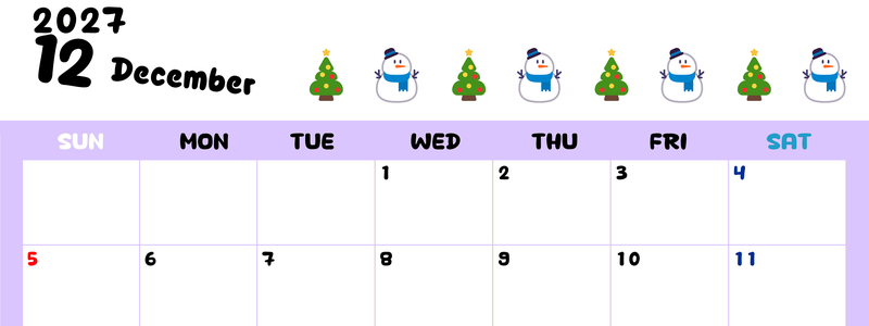 12月カレンダー2027年(無料)は横型日曜始まりで季節の行事の絵文字イラストがかわいい♪スケジュール管理しやすい♪ 【No.202701381200】