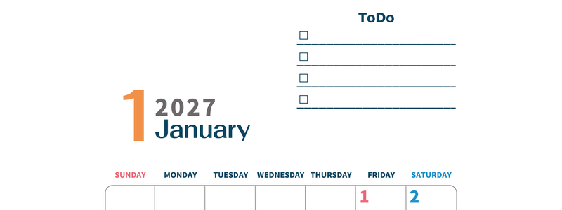1月カレンダー2027年(印刷用)は縦型日曜始まりでToDoリストつき♪使いやすいおすすめ無料素材♪ 【No.202701390110】