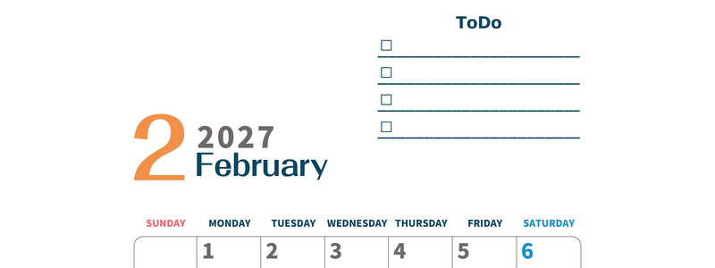 2月カレンダー2027年(印刷用)は縦型日曜始まりでToDoリストつき♪使いやすいおすすめ無料素材♪ 【No.202701390210】