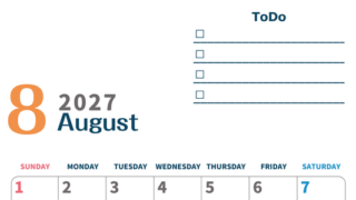 8月カレンダー2027年(印刷用)は縦型日曜始まりでToDoリストつき♪使いやすいおすすめ無料素材♪ 【No.202701390810】