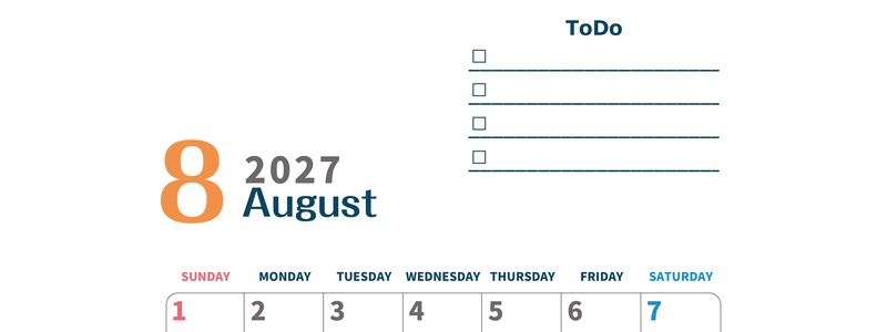 8月カレンダー2027年(印刷用)は縦型日曜始まりでToDoリストつき♪使いやすいおすすめ無料素材♪ 【No.202701390810】