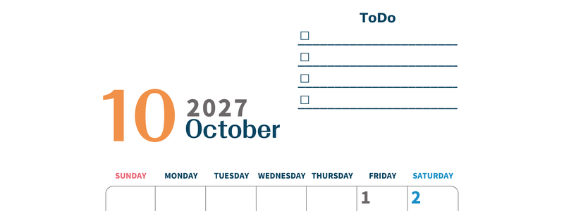 10月カレンダー2027年(印刷用)は縦型日曜始まりでToDoリストつき♪使いやすいおすすめ無料素材♪ 【No.202701391010】