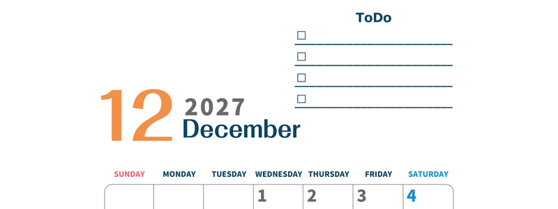 12月カレンダー2027年(印刷用)は縦型日曜始まりでToDoリストつき♪使いやすいおすすめ無料素材♪ 【No.202701391210】