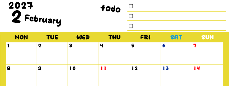 2月カレンダー2027年(無料)は横型月曜始まり♪黄色がメインカラーで継続して使いやすいToDoリストつき♪ 【No.202701400201】