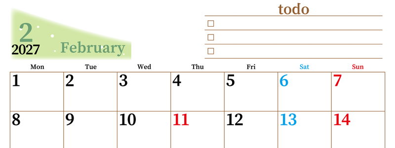 2027年2月カレンダーは横型月曜始まりでToDoリストつき！毎月色違いで継続の習慣化が簡単！ダウンロード無料 【No.202701410201】