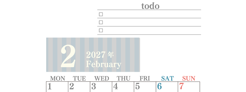 カレンダー2027年(無料)2月は縦型月曜始まりで使いやすい！勉強の計画におすすめのToDoリストつき(A4印刷) 【No.202701420211】