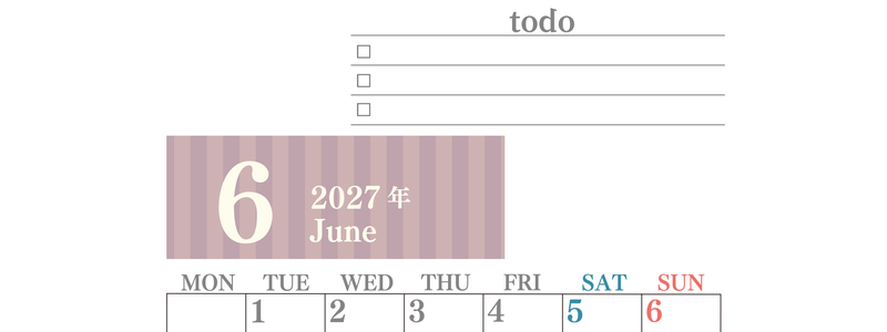 カレンダー2027年(無料)6月は縦型月曜始まりで使いやすい！勉強の計画におすすめのToDoリストつき(A4印刷) 【No.202701420611】