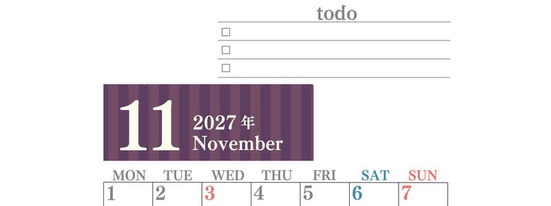 カレンダー2027年(無料)11月は縦型月曜始まりで使いやすい！勉強の計画におすすめのToDoリストつき(A4印刷) 【No.202701421111】