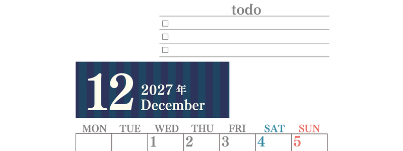 カレンダー2027年(無料)12月は縦型月曜始まりで使いやすい！勉強の計画におすすめのToDoリストつき(A4印刷) 【No.202701421211】