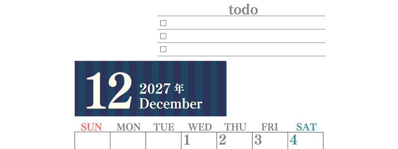 カレンダー2027年(無料)12月は縦型日曜始まりで使いやすい！勉強の計画におすすめのToDoリストつき(A4印刷) 【No.202701421210】