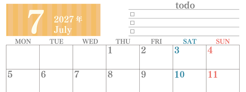 カレンダー2027年(無料)7月は横型月曜始まりで使いやすい！勉強の計画におすすめのToDoリストつき(A4印刷) 【No.202701420701】