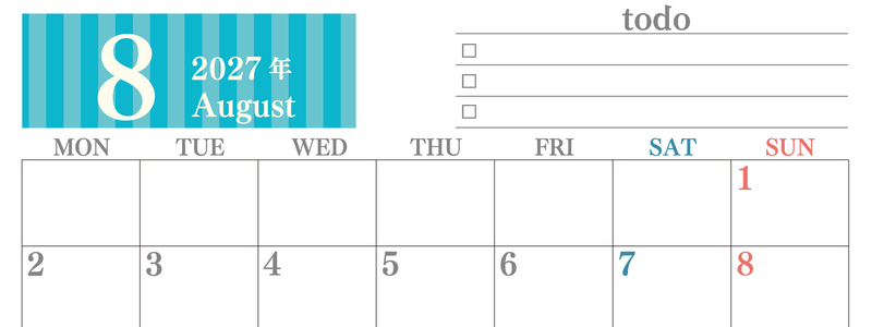 カレンダー2027年(無料)8月は横型月曜始まりで使いやすい！勉強の計画におすすめのToDoリストつき(A4印刷) 【No.202701420801】
