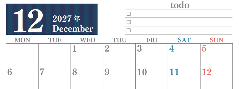 カレンダー2027年(無料)12月は横型月曜始まりで使いやすい！勉強の計画におすすめのToDoリストつき(A4印刷) 【No.202701421201】