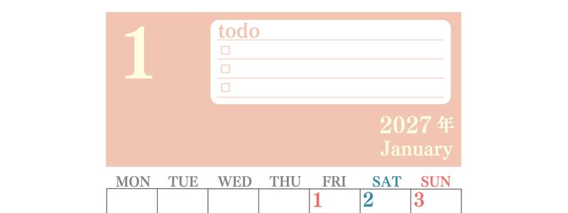 カレンダー2027年1月は縦型月曜始まり！シンプルなToDoリストで勉強効率UP！無料／A4印刷 【No.202701430111】
