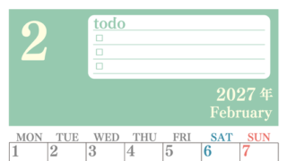 カレンダー2027年2月は縦型月曜始まり！シンプルなToDoリストで勉強効率UP！無料／A4印刷 【No.202701430211】