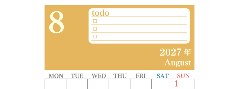 カレンダー2027年8月は縦型月曜始まり！シンプルなToDoリストで勉強効率UP！無料／A4印刷 【No.202701430811】