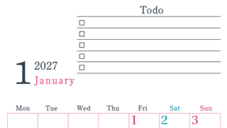 2027年1月カレンダーは縦型月曜始まりで使い方はシンプルなToDoリストつき♪無料ダウンロード・A4印刷 【No.202701440111】