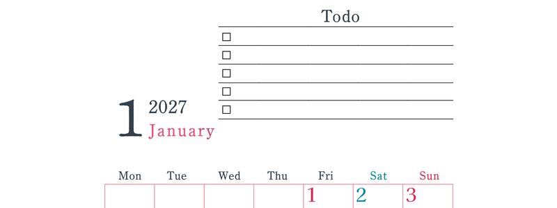 2027年1月カレンダーは縦型月曜始まりで使い方はシンプルなToDoリストつき♪無料ダウンロード・A4印刷 【No.202701440111】