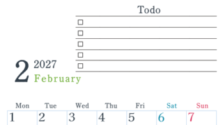 2027年2月カレンダーは縦型月曜始まりで使い方はシンプルなToDoリストつき♪無料ダウンロード・A4印刷 【No.202701440211】