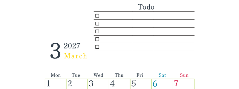2027年3月カレンダーは縦型月曜始まりで使い方はシンプルなToDoリストつき♪無料ダウンロード・A4印刷 【No.202701440311】