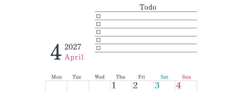 2027年4月カレンダーは縦型月曜始まりで使い方はシンプルなToDoリストつき♪無料ダウンロード・A4印刷 【No.202701440411】