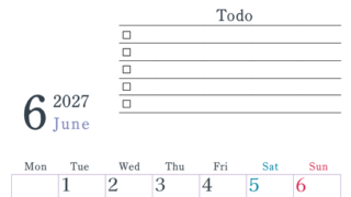 2027年6月カレンダーは縦型月曜始まりで使い方はシンプルなToDoリストつき♪無料ダウンロード・A4印刷 【No.202701440611】
