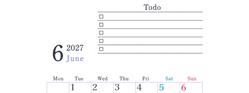 2027年6月カレンダーは縦型月曜始まりで使い方はシンプルなToDoリストつき♪無料ダウンロード・A4印刷 【No.202701440611】