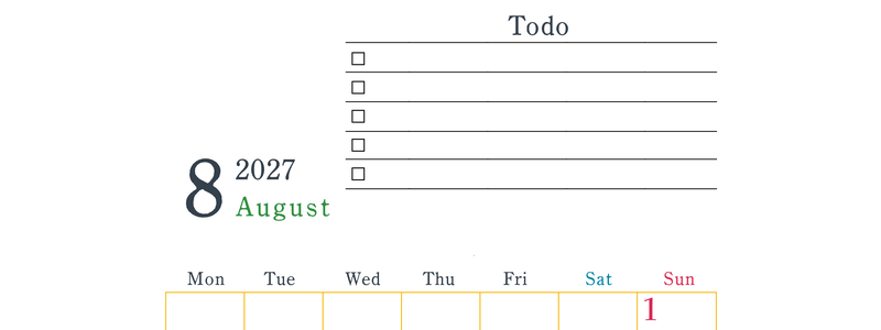 2027年8月カレンダーは縦型月曜始まりで使い方はシンプルなToDoリストつき♪無料ダウンロード・A4印刷 【No.202701440811】