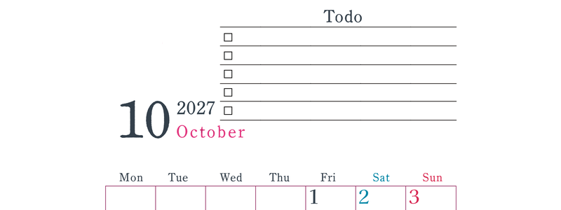 2027年10月カレンダーは縦型月曜始まりで使い方はシンプルなToDoリストつき♪無料ダウンロード・A4印刷 【No.202701441011】