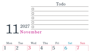 2027年11月カレンダーは縦型月曜始まりで使い方はシンプルなToDoリストつき♪無料ダウンロード・A4印刷 【No.202701441111】