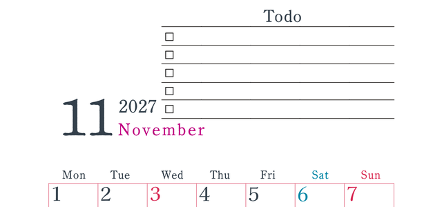 2027年11月カレンダーは縦型月曜始まりで使い方はシンプルなToDoリストつき♪無料ダウンロード・A4印刷 【No.202701441111】