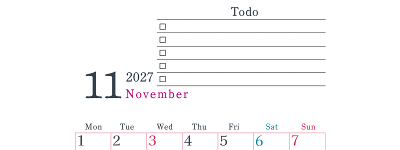 2027年11月カレンダーは縦型月曜始まりで使い方はシンプルなToDoリストつき♪無料ダウンロード・A4印刷 【No.202701441111】