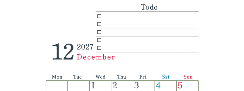 2027年12月カレンダーは縦型月曜始まりで使い方はシンプルなToDoリストつき♪無料ダウンロード・A4印刷 【No.202701441211】