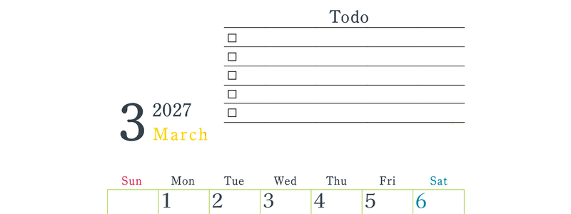 2027年3月カレンダーは縦型日曜始まりで使い方はシンプルなToDoリストつき♪無料ダウンロード・A4印刷 【No.202701440310】