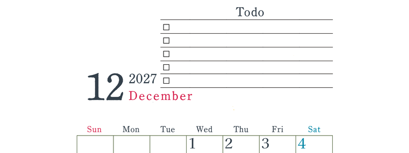 2027年12月カレンダーは縦型日曜始まりで使い方はシンプルなToDoリストつき♪無料ダウンロード・A4印刷 【No.202701441210】